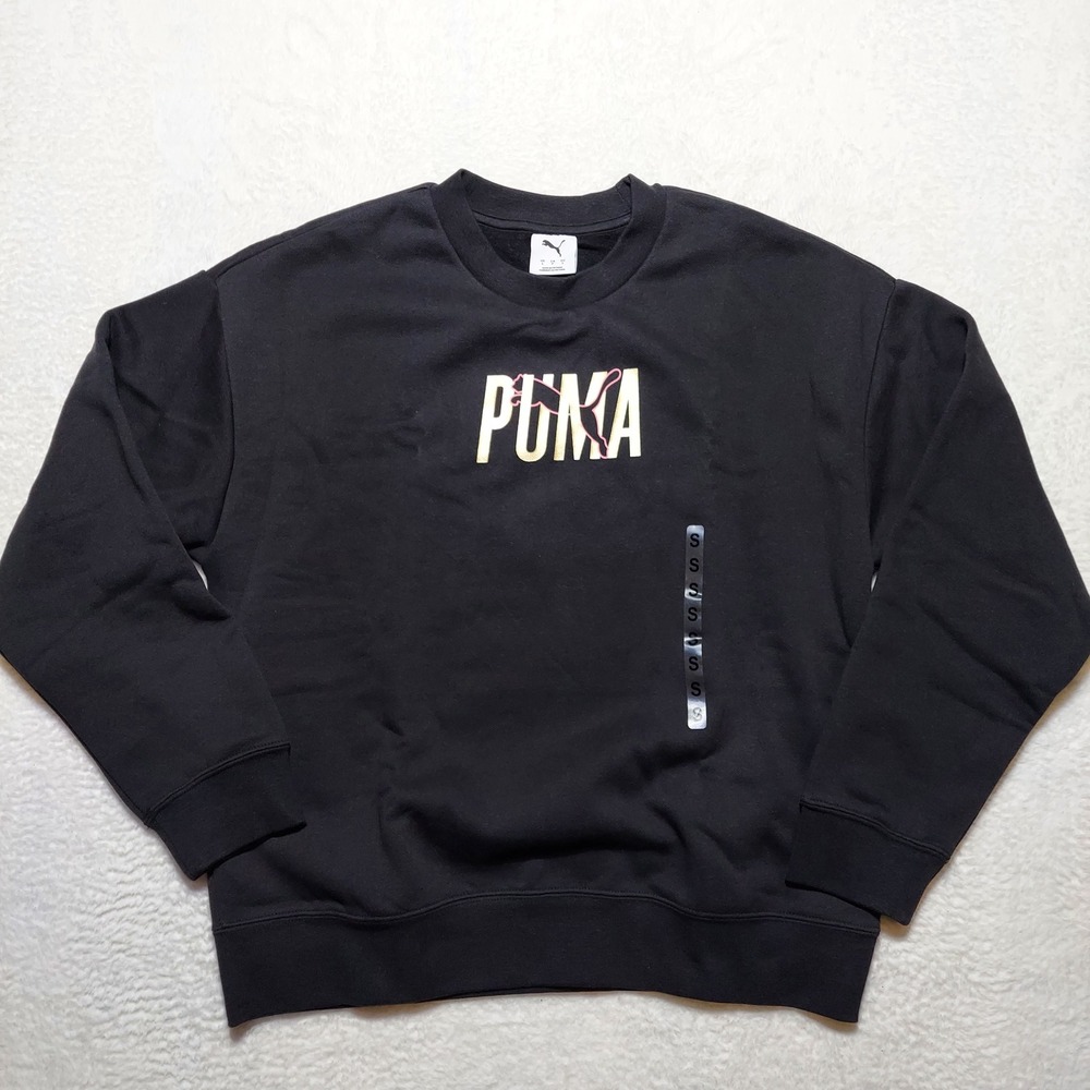 PUMA Sweatshirt Women S Black Metallic Gold Pink Logo Fleece Crewneck